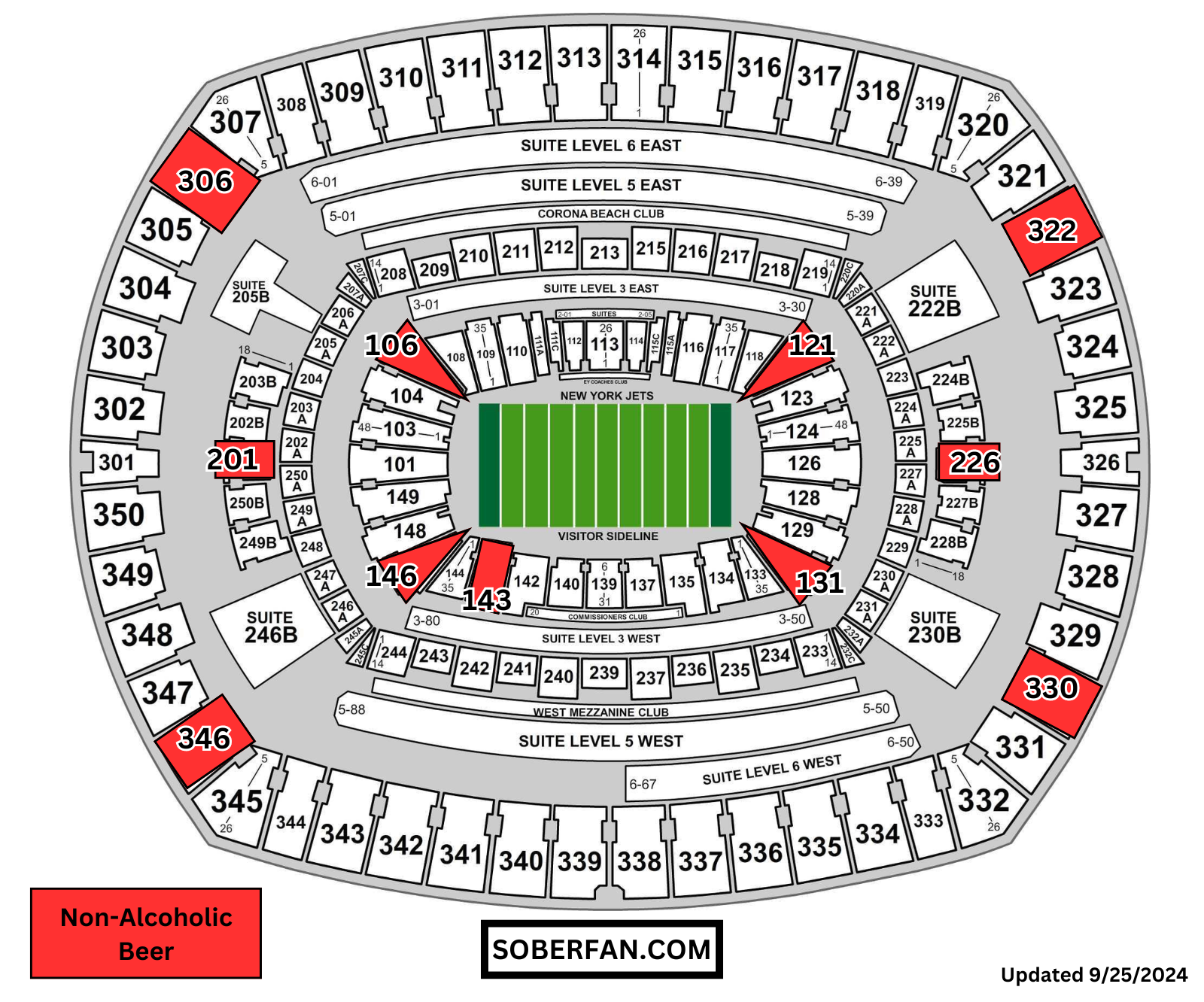 Map of MetLife Stadium that shows the sections where you can buy non-alcoholic NA beer.