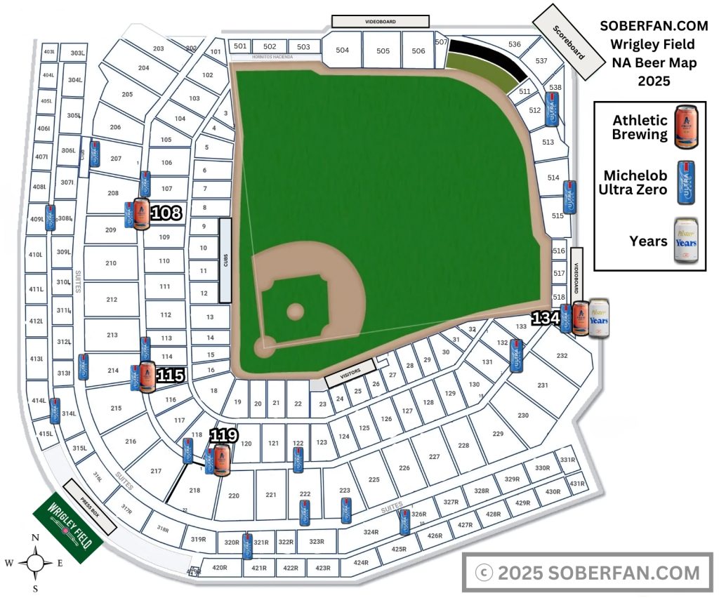 Map of Wrigley Field non-alcoholic beer vendor locations. Athletic in Sections 108, 115, 119 and 134. Years in Section 134. Michelob Zero widely available.
