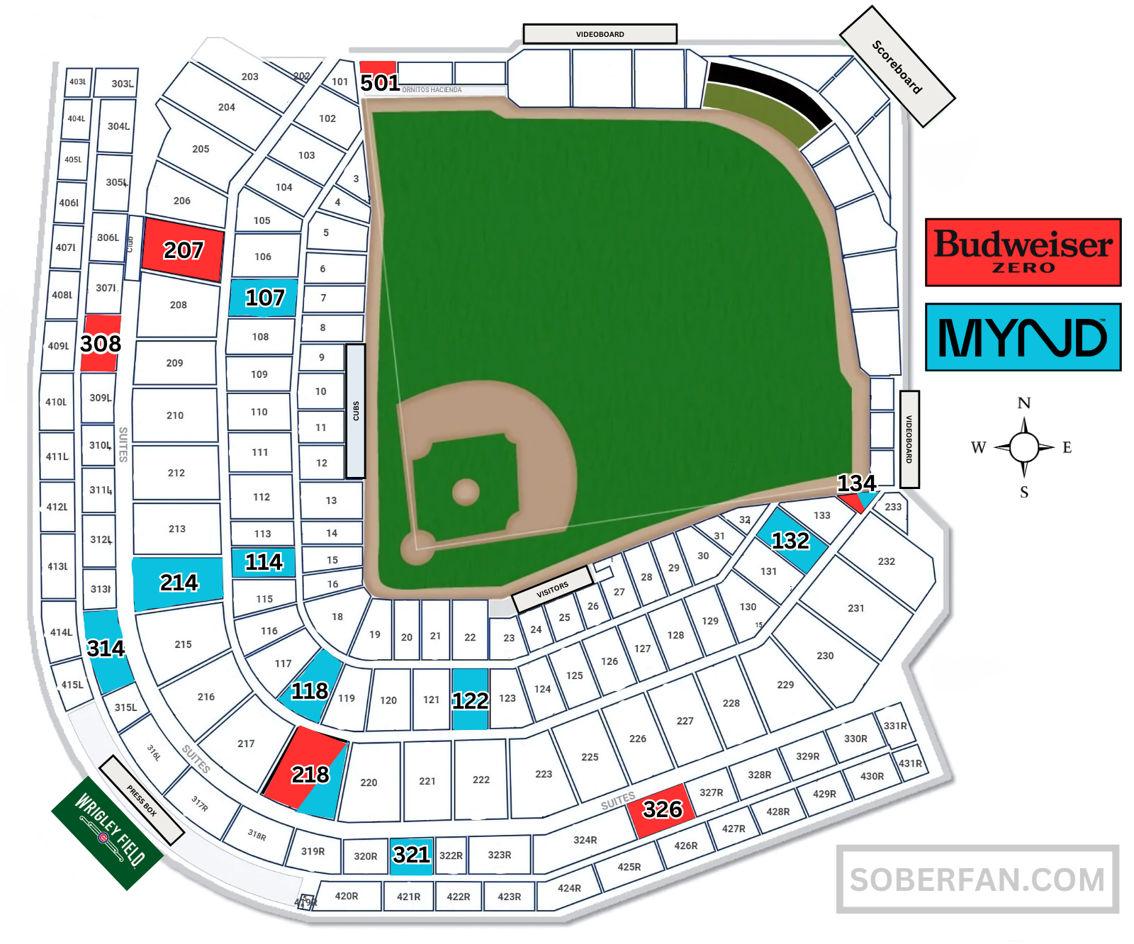 Map of non-alcoholic beer and mocktail options at Wrigley Field.