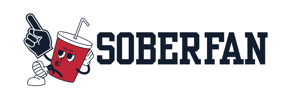 SOBERFAN Logo. Includes photo of an animated sippy cup with a foam finger on one hand, along with the script reading Soberfan.