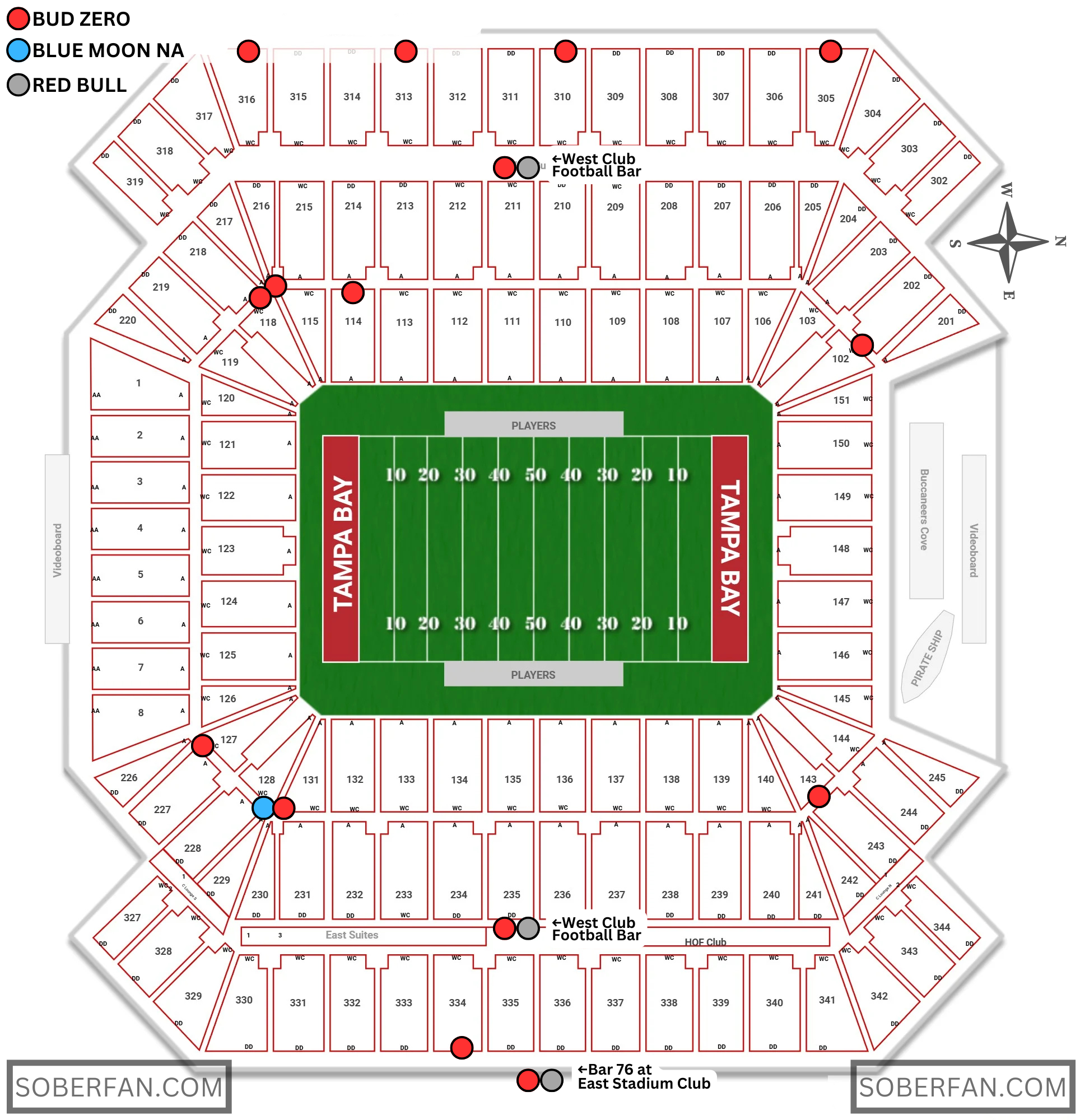 Map of Raymond James Stadium showing locations of non-alcoholic beer and alcohol-free drink options. Budweiser Zero is marked with red dots, Blue Moon Non-Alcoholic with a blue dot, and Red Bull with black dots. Key locations include Bar 76 at the East Stadium Club, the West Club Football Bar, and various concession areas around the stadium